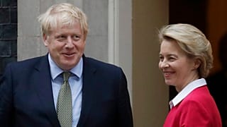Britain's Prime Minister Boris Johnson greets European Commission President Ursula von der Leyen outside 10 Downing Street in London, Wednesday, Jan. 8, 2020. 