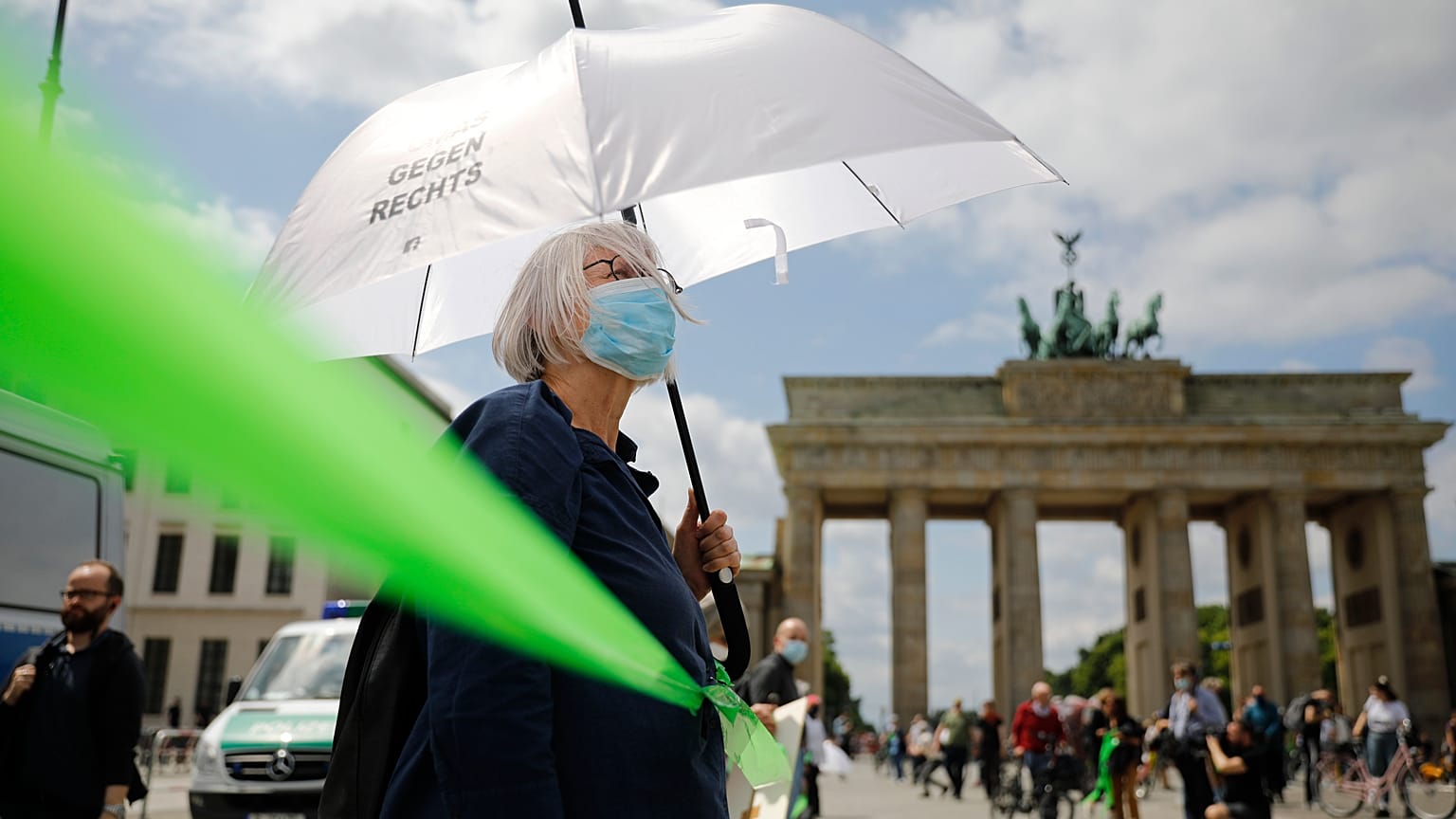 A protestor attends the 'This is solidarity' demonstration of the  Indivisible movement, in Berlin, on June 14, 2020. 