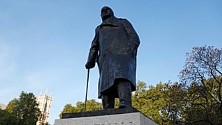 Statue of British Prime Minister Winston Churchill in Parliament Square in London, Friday, May 8, 2020