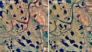 Imagen del vertido el 1 de junio y el 13. Las aguas del río aparecen más limpias. Sigue habiendo rastros alrededor