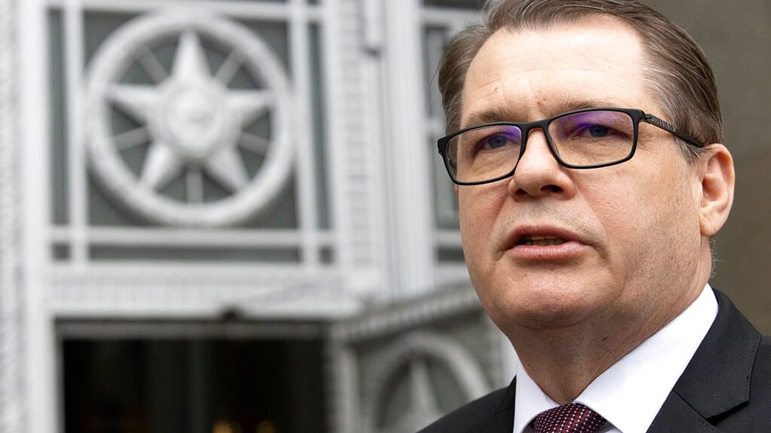 Czech ambassador to Russia, Vitezslav Pivonka speaks to the media as he leaves the Russia's Foreign Ministry building in Moscow, Russia, Monday, June 15, 2020