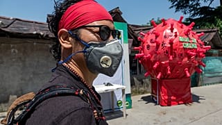 Kronavírust ábrázoló szobor, India