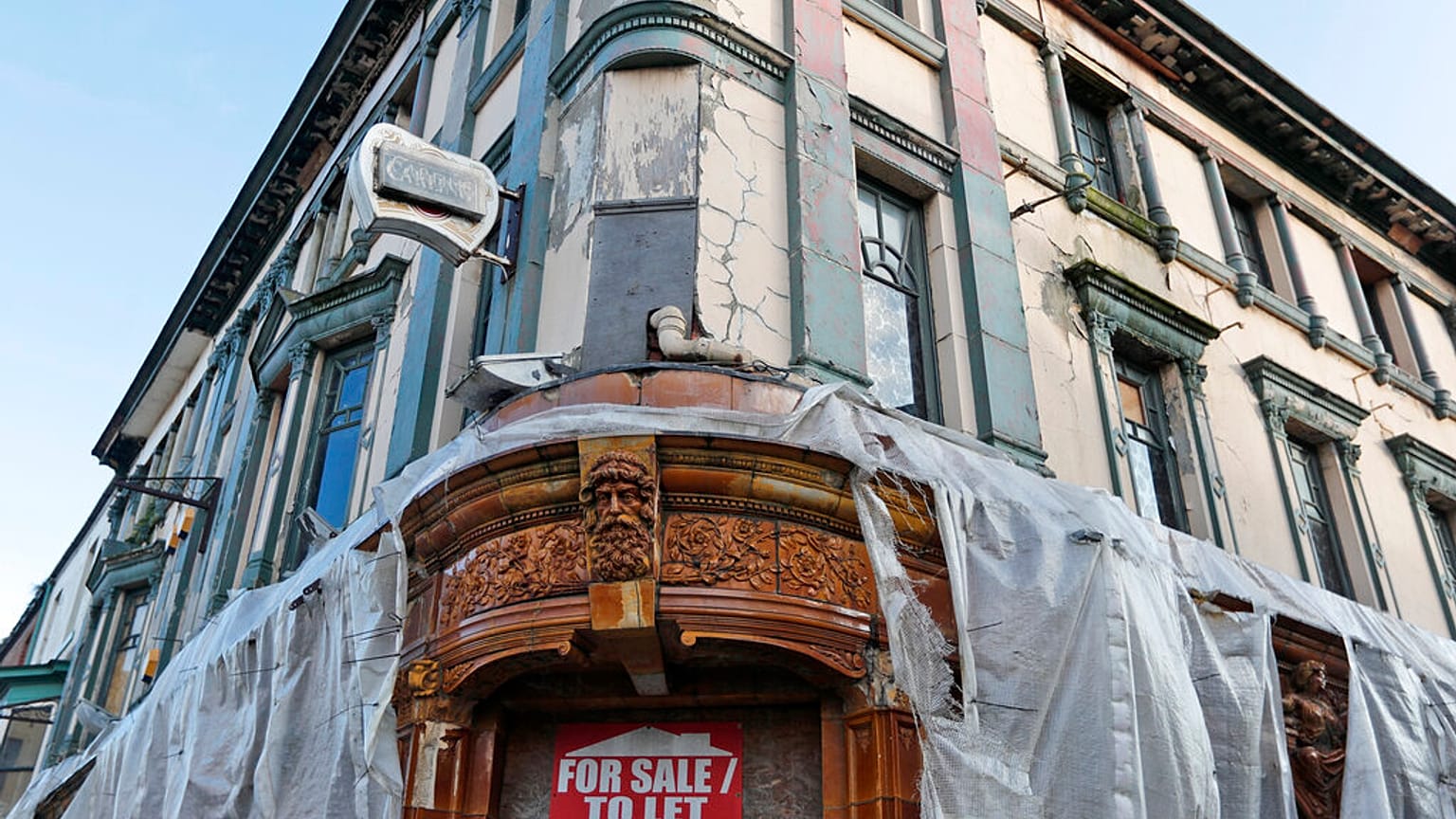 A dilapidated former public house boarded up on the high street in Hartlepool, England, Monday, Nov. 11, 2019.