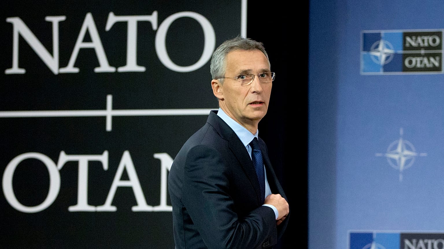 In this Nov. 7, 2017 file photo, NATO Secretary General Jens Stoltenberg arrives for a media conference at NATO headquarters in Brussels. 