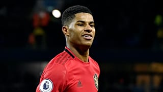 Manchester United's Marcus Rashford celebrates during an English Premier League football match against Manchester City.