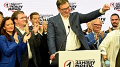 Serbian President, and leader of the Serbian Progressive Party (SNS), Aleksandar Vucic celebrates zfter party parliamentary elections in Belgrade on June 21, 2020. 