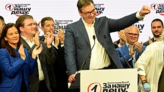 Serbian President, and leader of the Serbian Progressive Party (SNS), Aleksandar Vucic celebrates zfter party parliamentary elections in Belgrade on June 21, 2020. 