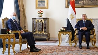 Ο Πρόεδρος της Αιγύπτου Abdel Fattah el-Sisi  συνομιλεί με τον υπουργό Εξωτερικών της Ελλάδας Νίκο Δένδια