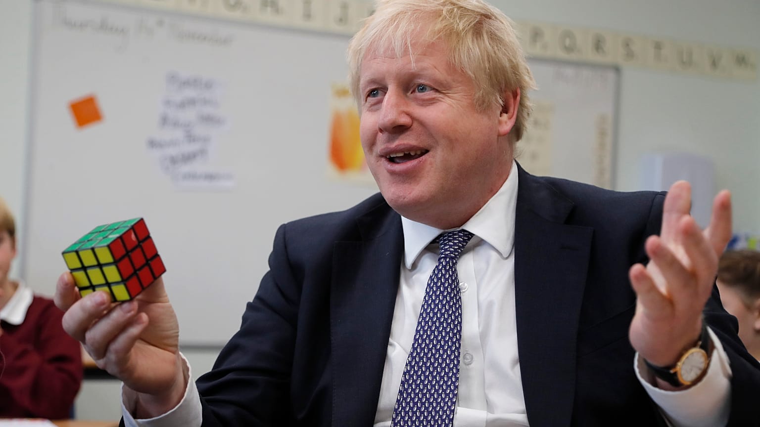 Britain's Prime Minister Boris Johnson visits the West Monkton CEVC Primary School on a General Election campaign trail in Taunton, England, Thursday, Nov. 14, 2019