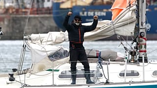Juan Manuel Ballestero on the deck of his boat in Mar del Plata on Thursday, at the end of a three-month crossing of the Atlantic Ocean
