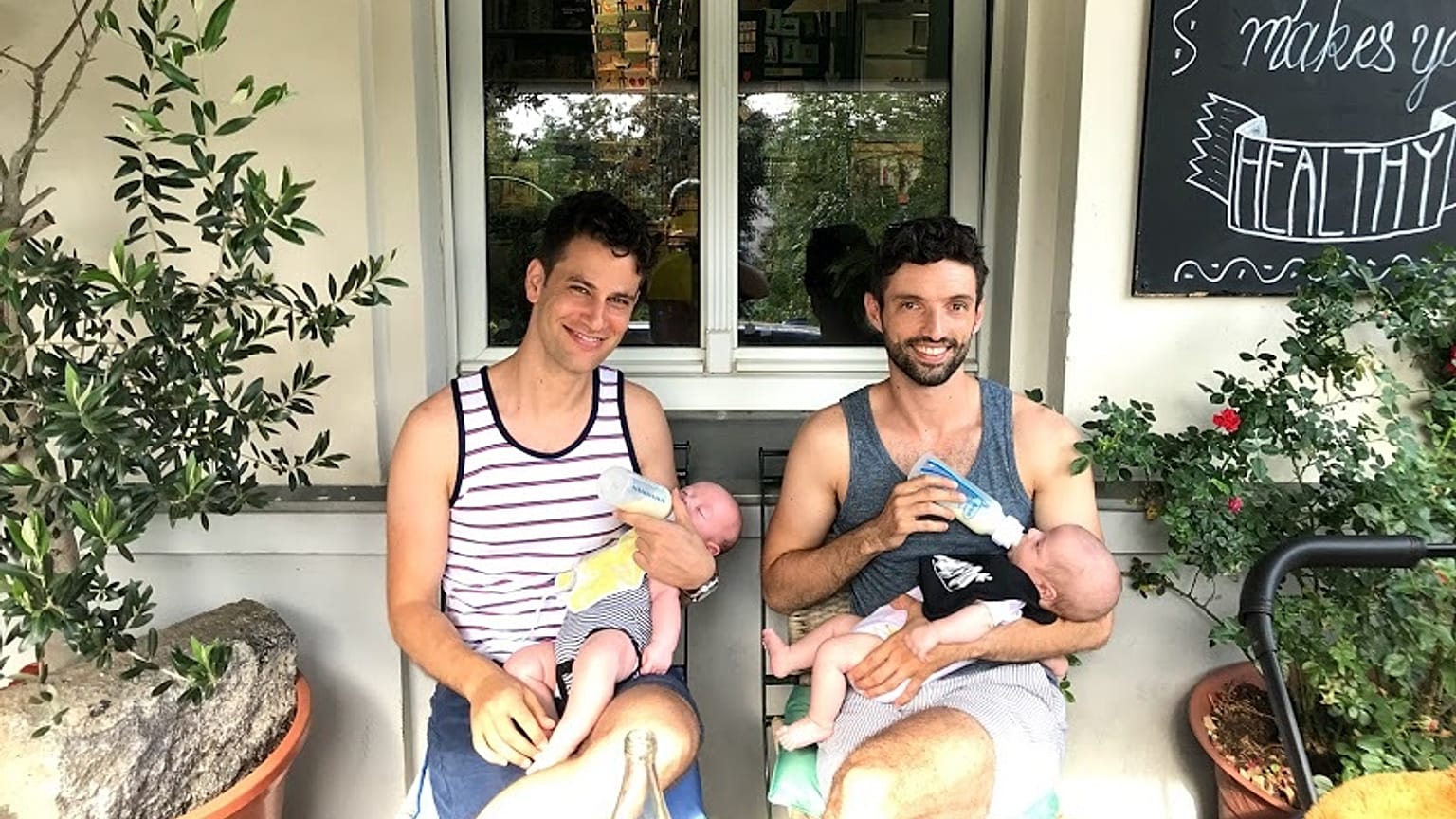 Dan Sobovitz (left) and Grégory Merly (right) with their sons