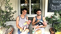 Dan Sobovitz (left) and Grégory Merly (right) with their sons