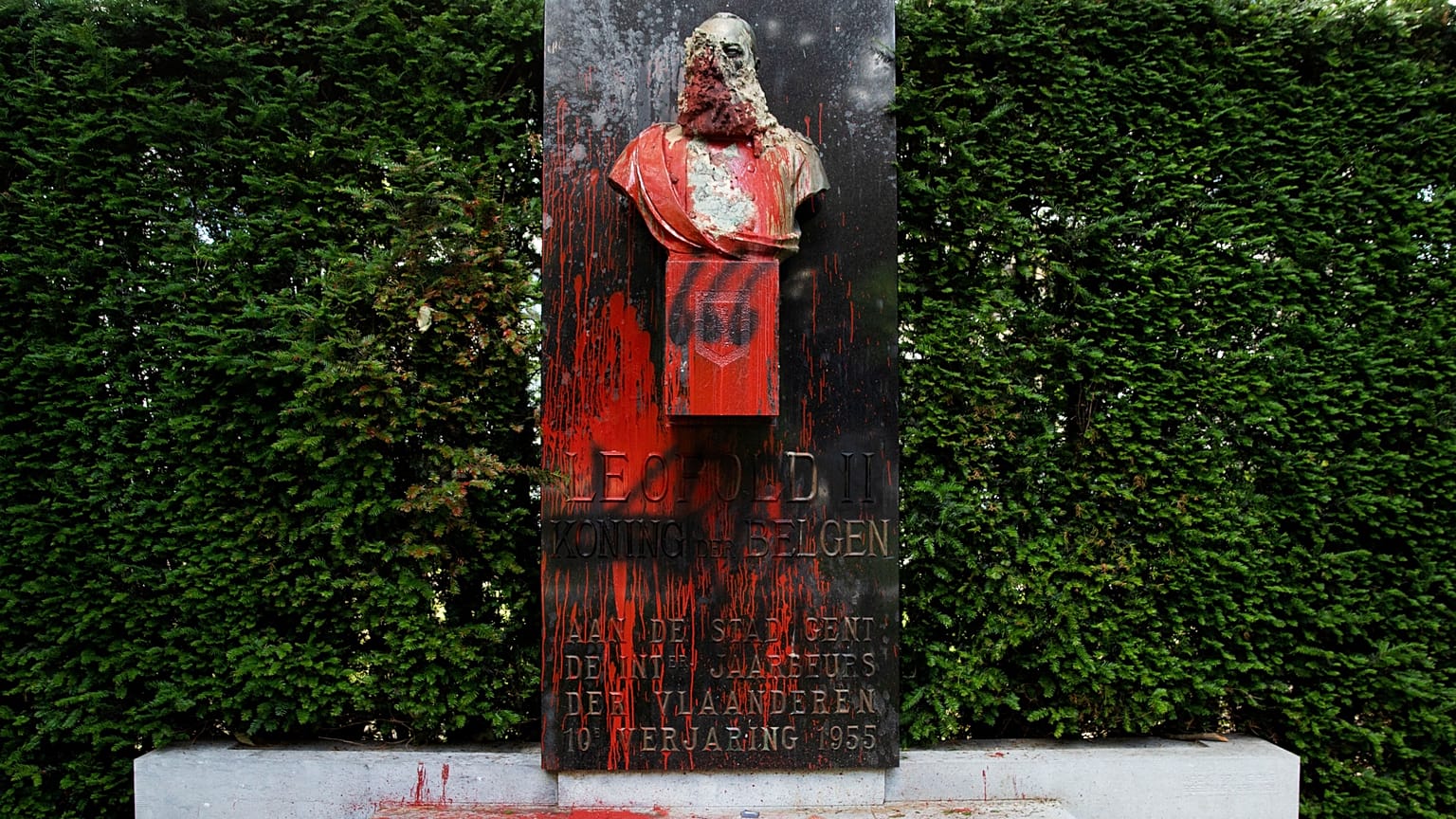 A damaged bust of Belgium's King Leopold II in Ghent