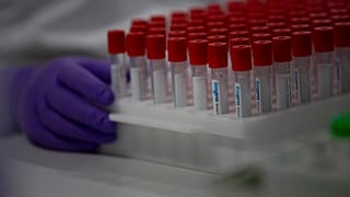 A lab technician moves a case of test tubes at the Janssen Pharmaceutical in Beerse, Belgium.