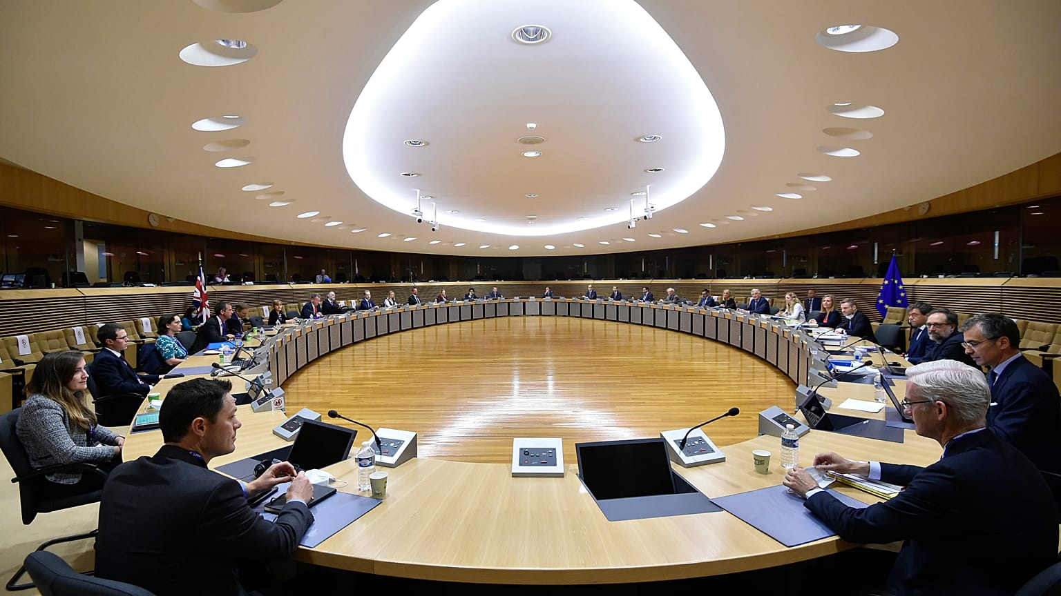 EU Brexit negotiator Michel Barnier and his British counterpart David Frost attend negotiations with their teams at EU headquarters in Brussels, Monday, June 29, 2020. 