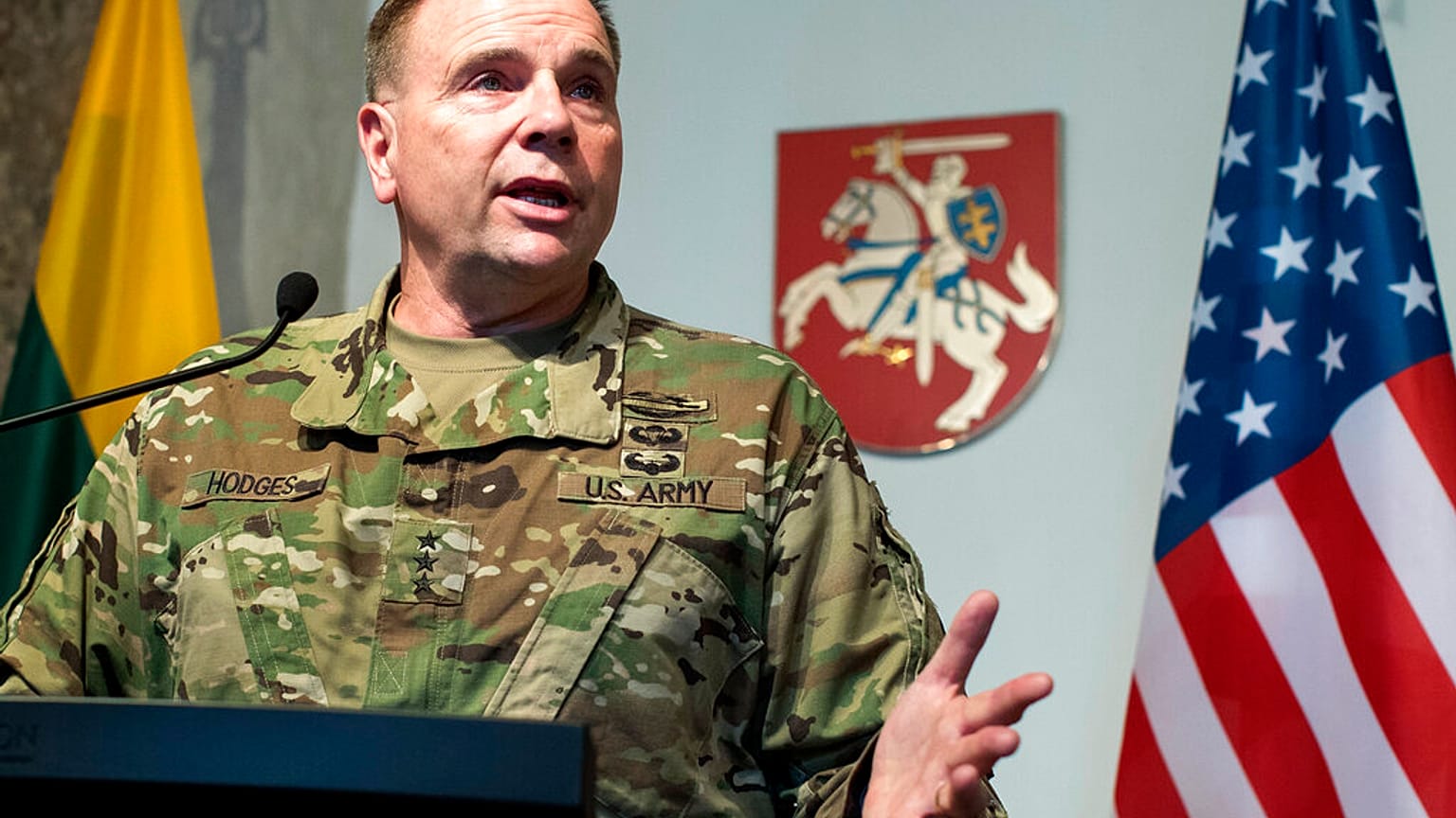 FILE: Commander of US Army Europe Lt Gen. Ben Hodges speaks during a news conference in Vilnius, 7 March 2017