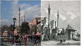 رسم لبناء آيا صوفيا يعود لعام 1857 (يمين) وصورة ملتقطة حديثا عام 2014 (يسار)