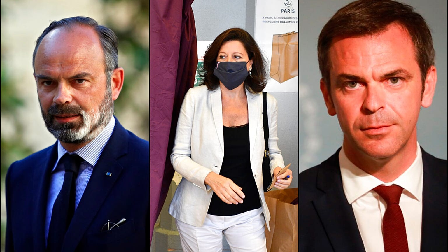 Soldan sağa, Fransa eski Başbakanı Edouard Philippe, eski Sağlık Bakanı Agnes Buzyn ve mevcut Sağlık Bakanı Olivier Veran
