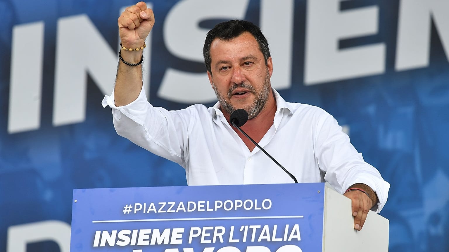 League's leader Matteo Salvini addresses the crowd in Rome's Piazza del Popolo on July 4, 2020