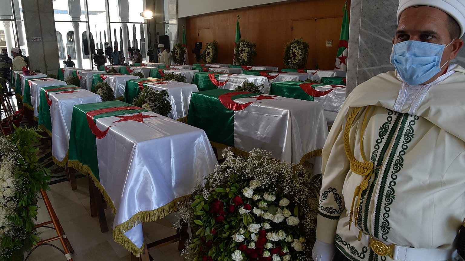 The fighters' coffins at the Palais De La Culture Moufdi Zakaria in Algiers on July 4, 2020