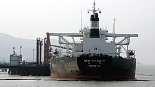 An oil tanker is anchored offshore near Zhoushan, China