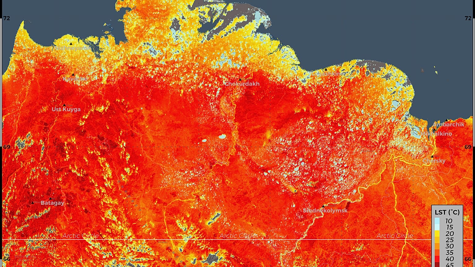Az európai Középtávú Időjárási Előrejelzések Európai Központja (ECMWF) által 2020. június 19-én készített, június 24-én közreadott kép a talaj hőmérsékletéről 