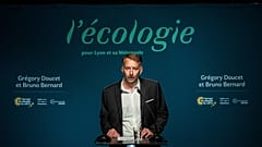 French EELV (Europe Ecologie Les Verts) green party candidate for Lyon metropole Bruno Bernard speaks on June 28, 2020 in Lyon.