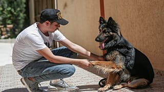 الشاب الفلسطيني أسامة الدحدوح يلعب مع كلبه ستيف في مدينة غزة