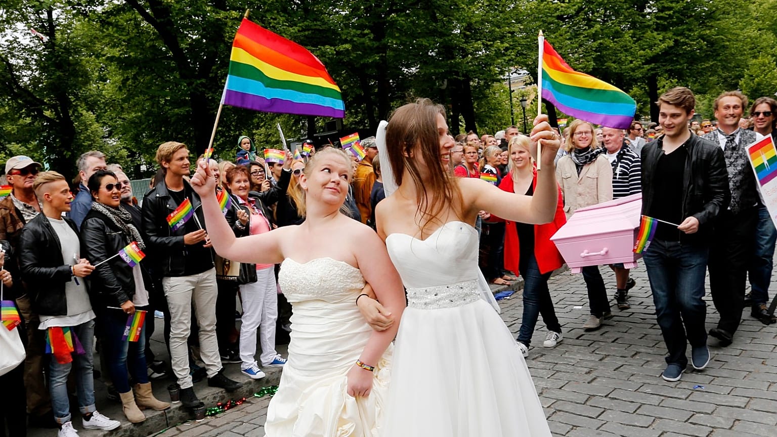 Participants of the lesbian, gay, bisexual and transgender (LGBT) "Euro Pride" parade march through Oslo