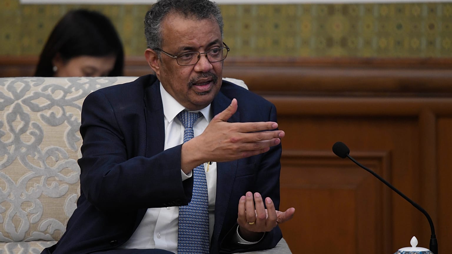 Tedros Adhanom, director general of the World Health Organization attends a meeting with Chinese Foreign Minister Wang Yi in Beijing, Tuesday, Jan. 28, 2020.