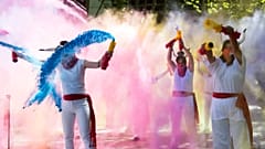 Pro-animal rights activists spread powder to celebrate the cancellation of this year’s San Fermin Festival’s bullfights and bull-running during a demonstration in Pamplona