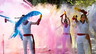 Pro-animal rights activists spread powder to celebrate the cancellation of this year’s San Fermin Festival’s bullfights and bull-running during a demonstration in Pamplona
