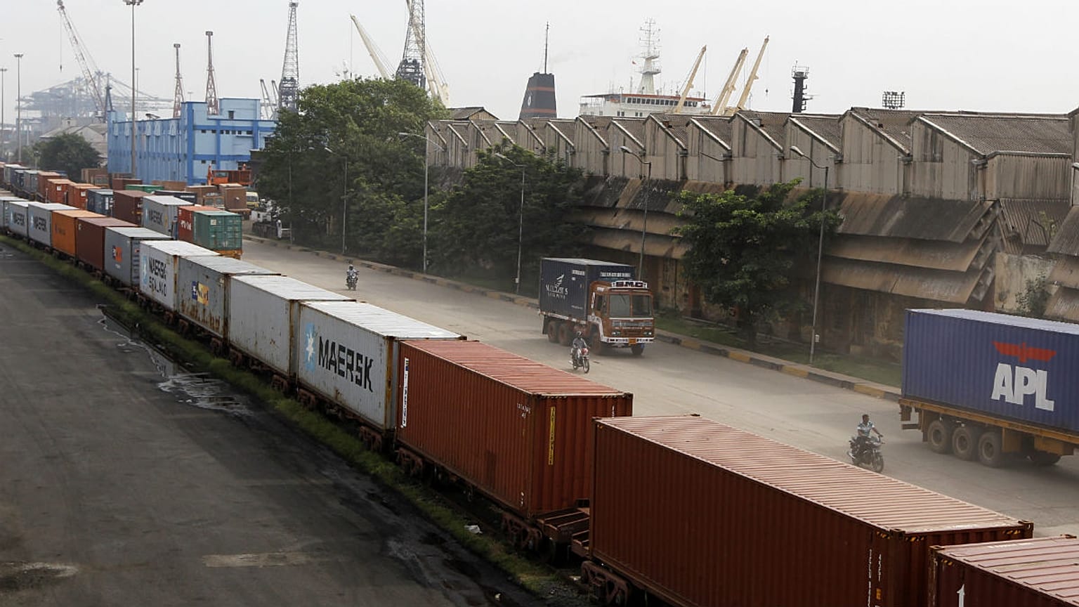 Shipping containers roll out of a port on the Bay of Bengal which forms the northeastern part of the Indian Ocean, in Chennai, India