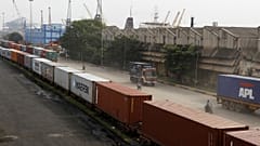 Shipping containers roll out of a port on the Bay of Bengal which forms the northeastern part of the Indian Ocean, in Chennai, India