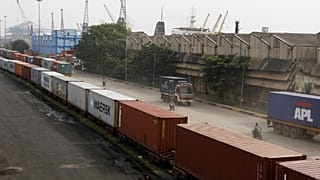 Shipping containers roll out of a port on the Bay of Bengal which forms the northeastern part of the Indian Ocean, in Chennai, India