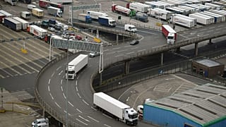 Freight lorries prepare to leave the Port of Dover after disembarking from a cross-channel ferry, in Dover on the south coast of England on June 12, 2020. 