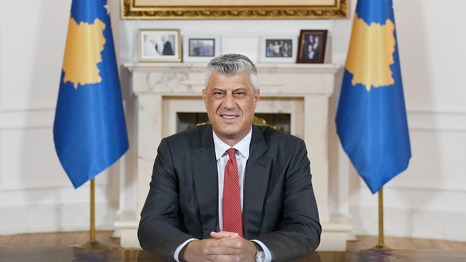 Kosovo president Hashim Thaci speaks during a televised address to the nation, in Pristina, Kosovo, Monday, June 29, 2020