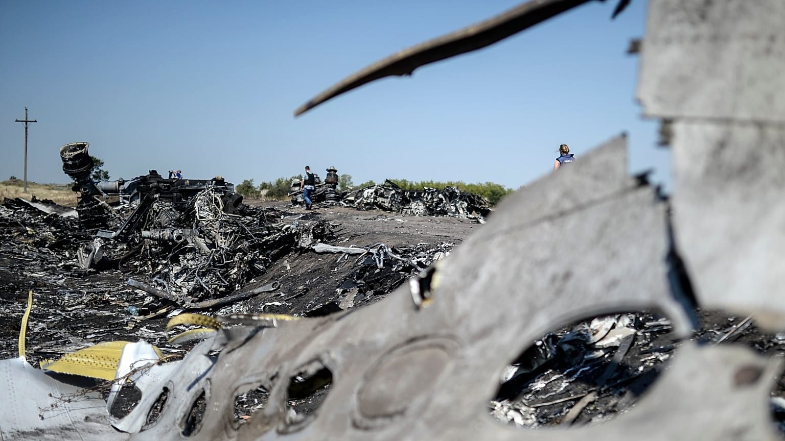 A part of the Malaysia Airlines Flight MH17 at the crash site in the village of Hrabove (Grabovo), some 80km east of Donetsk