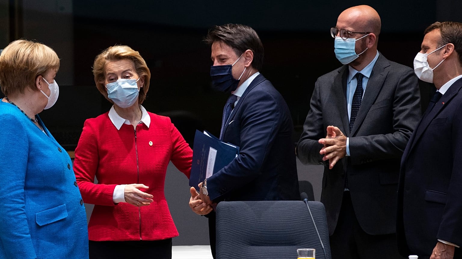 From left, Angela Merkel, Ursula von der Leyen, Giuseppe Conte, Charles Michel and Emmanuel Macron in Brussels, July 18, 2020
