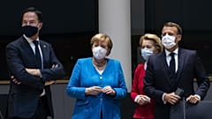 From left, Dutch Prime Minister Mark Rutte, German Chancellor Angela Merkel, European Commission President Ursula von der Leyen and French President Emmanuel Macron during a m