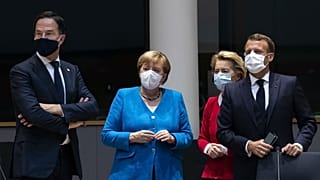 From left, Dutch Prime Minister Mark Rutte, German Chancellor Angela Merkel, European Commission President Ursula von der Leyen and French President Emmanuel Macron during a m