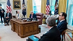 President Donald Trump meets Republican leaders of Congress with Treasury Secretary Steven Mnuchin in the Oval Office.