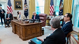 President Donald Trump meets Republican leaders of Congress with Treasury Secretary Steven Mnuchin in the Oval Office.