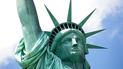 The Statue of Liberty is surrounded by clouds, July 20, 2020