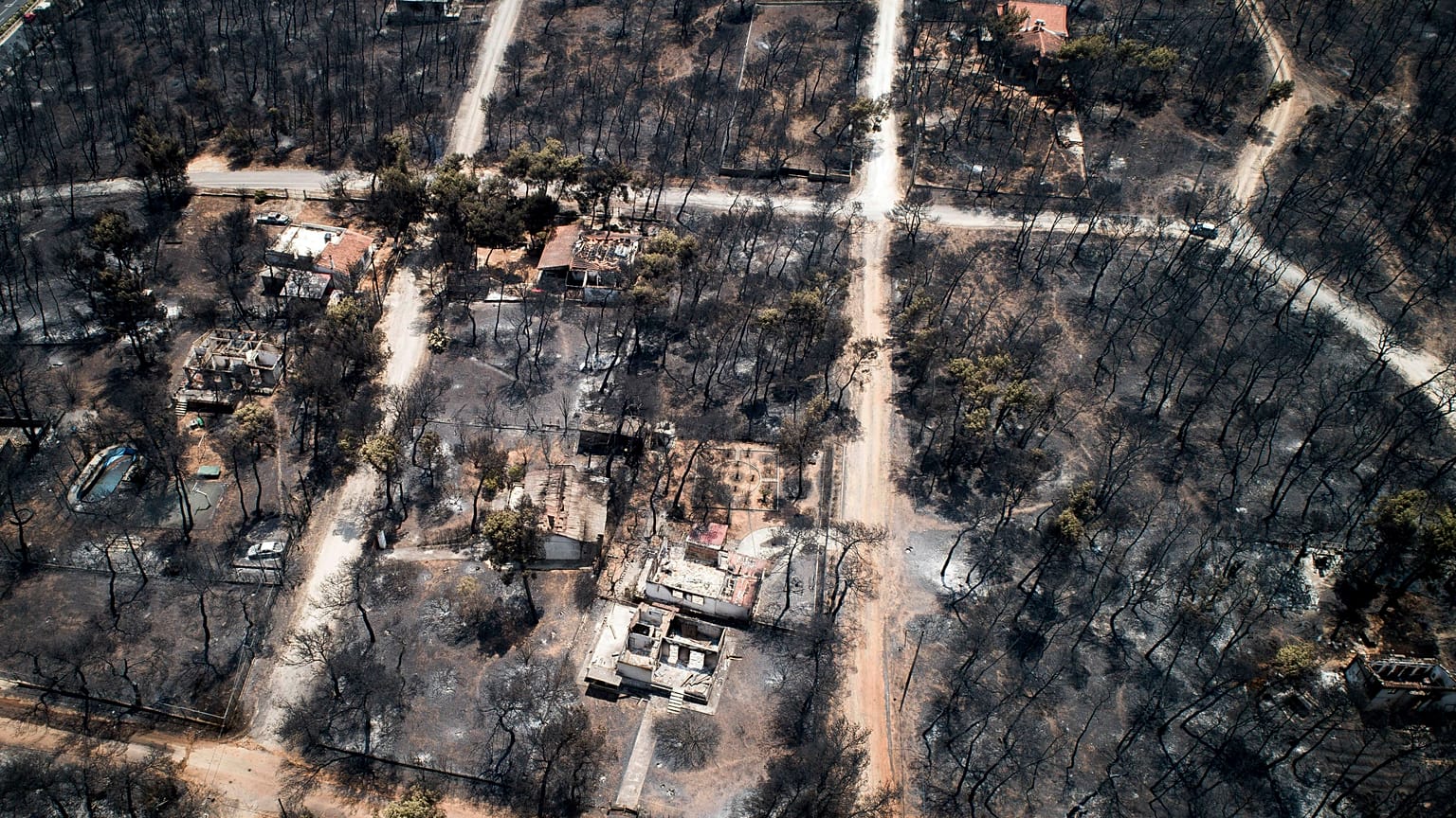 Burnt houses and trees following a wildfire in Mati, east of Athens