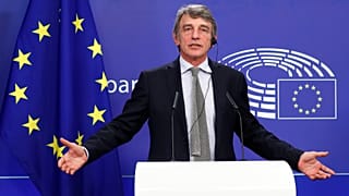 European Parliament President David Sassoli talks during a news conference following the recovery financial plan deal at the EU leaders summit, at the European Parliament.