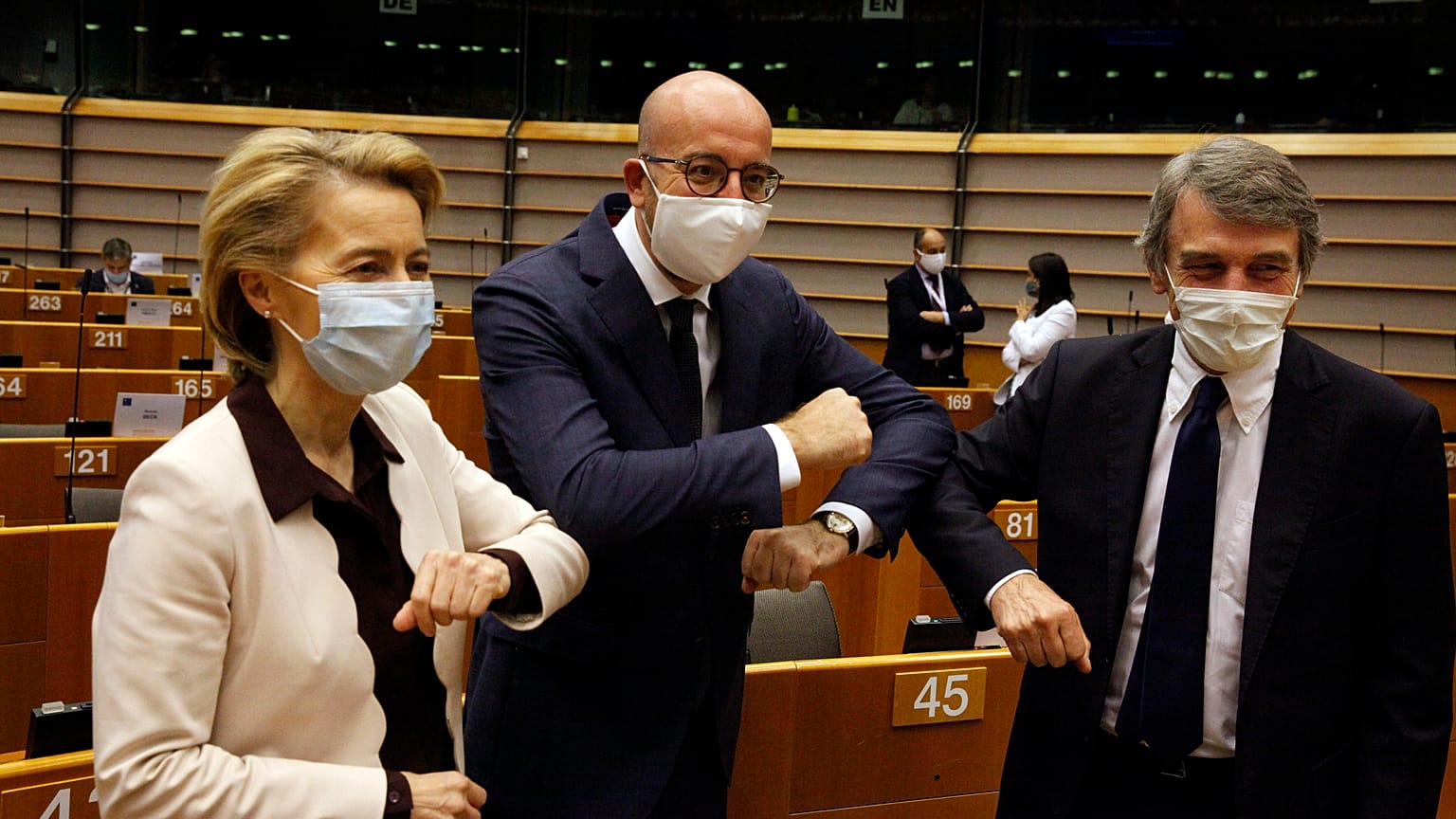 European Commission President Ursula von der Leyen, left, European Council President Charles Michel, centre, and European Parliament President David Sassoli, 23 July 2020.