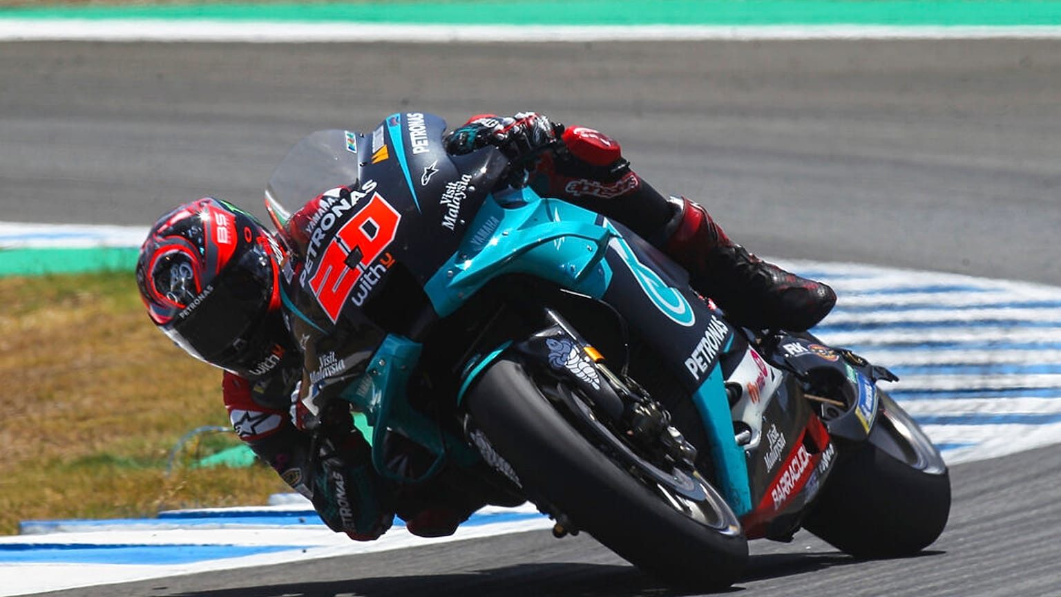 MotoGP rider Fabio Quartararo of France steers his motorbike during the Spanish Motorcycle Grand Prix at the Angel Nieto racetrack in Jerez de la Frontera, Spain.