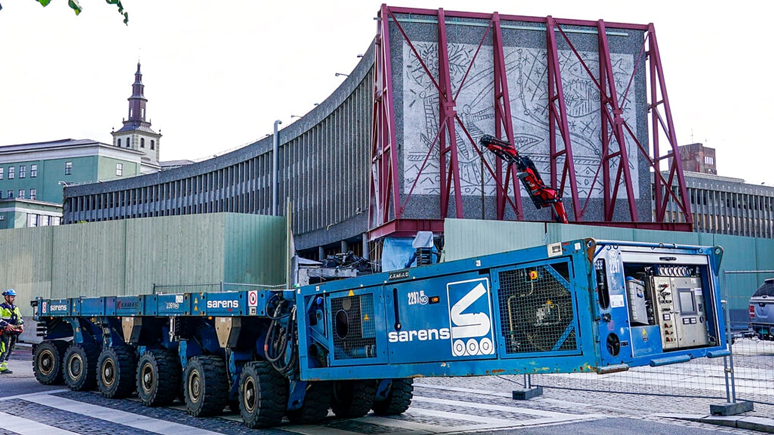 The art work being prepared to be removed from the Y-block in the government quarter in Oslo - July 27, 2020,