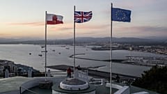 Gibraltar, British and EU flags on the upper rock at the British territory of Gibraltar